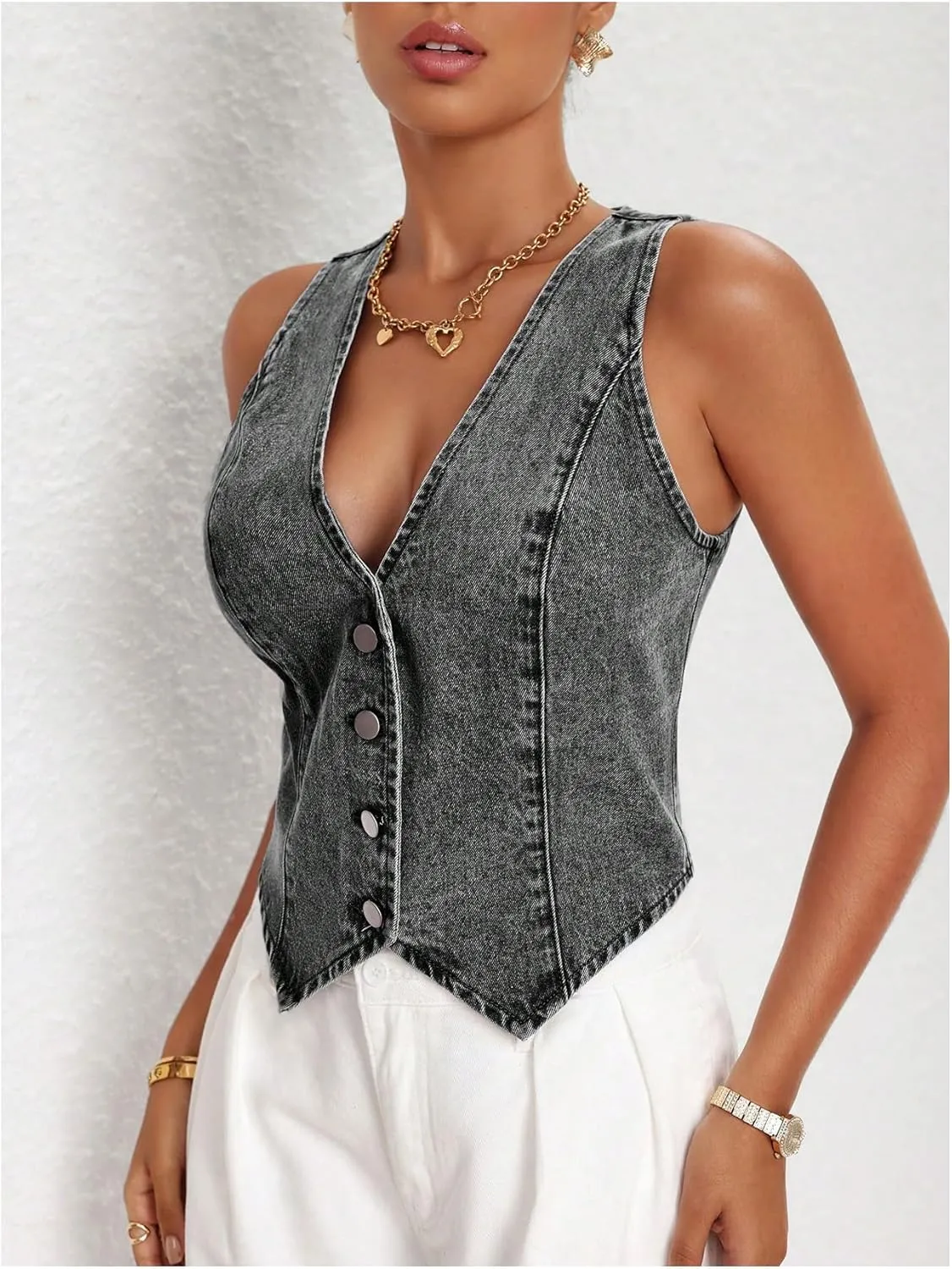 MakeMeChic Women's Denim Vest Tops Y2K Button Down V Neck Asymmetrical Crop Jean Vest Jackets