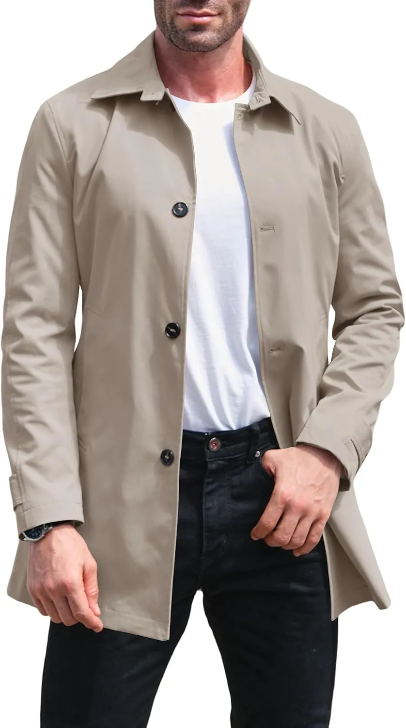 Makkrom Mens Trench Coat Single Breasted Casual Spread Collar Windbreak Jacket Long Classic Business Overcoat