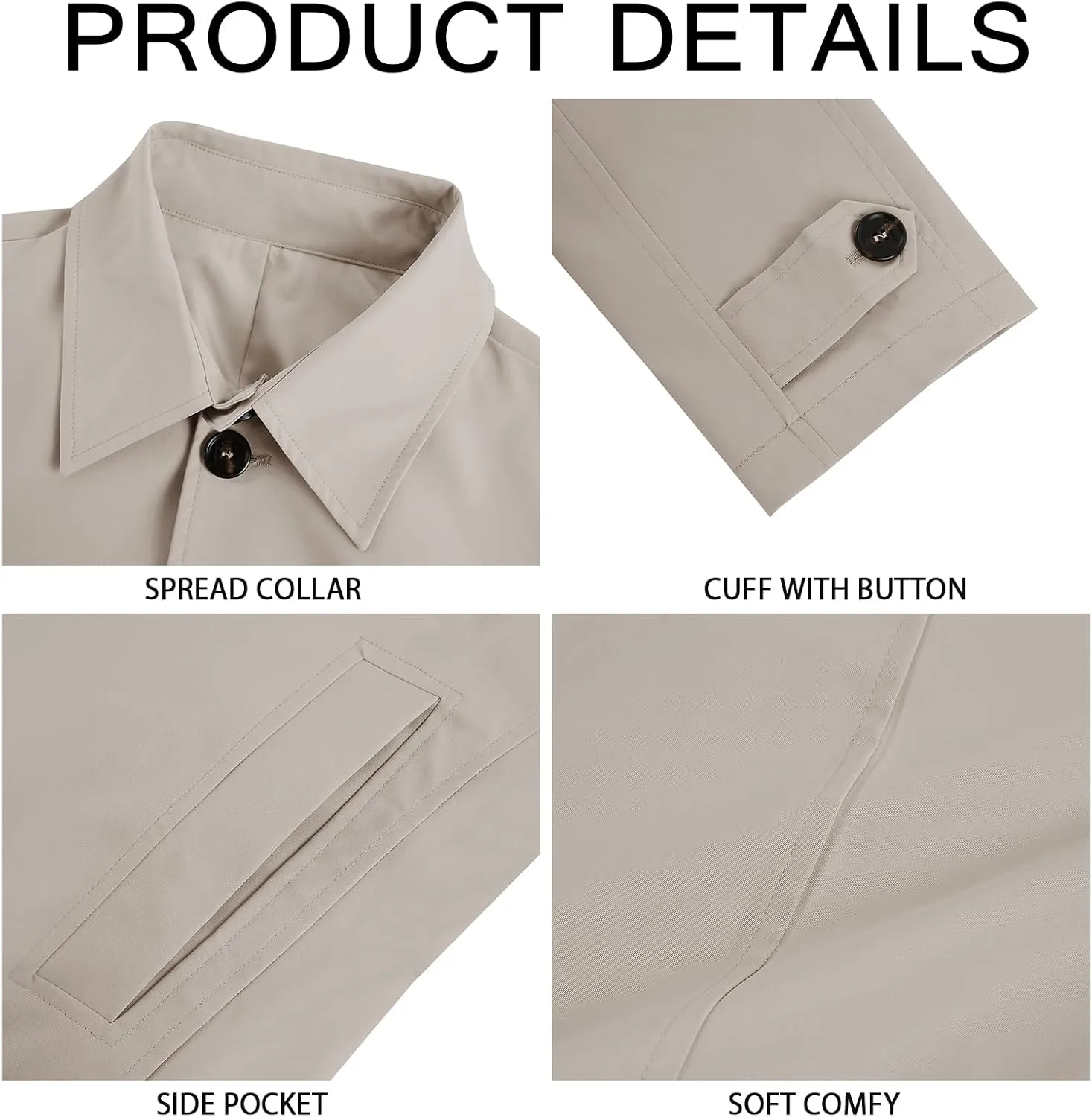 Makkrom Mens Trench Coat Single Breasted Casual Spread Collar Windbreak Jacket Long Classic Business Overcoat