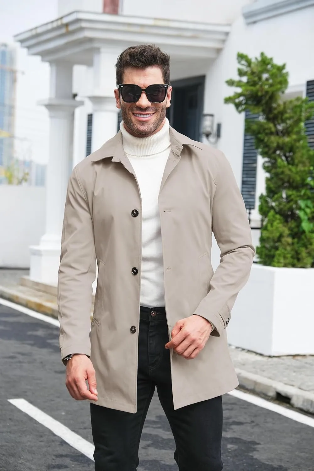 Makkrom Mens Trench Coat Single Breasted Casual Spread Collar Windbreak Jacket Long Classic Business Overcoat