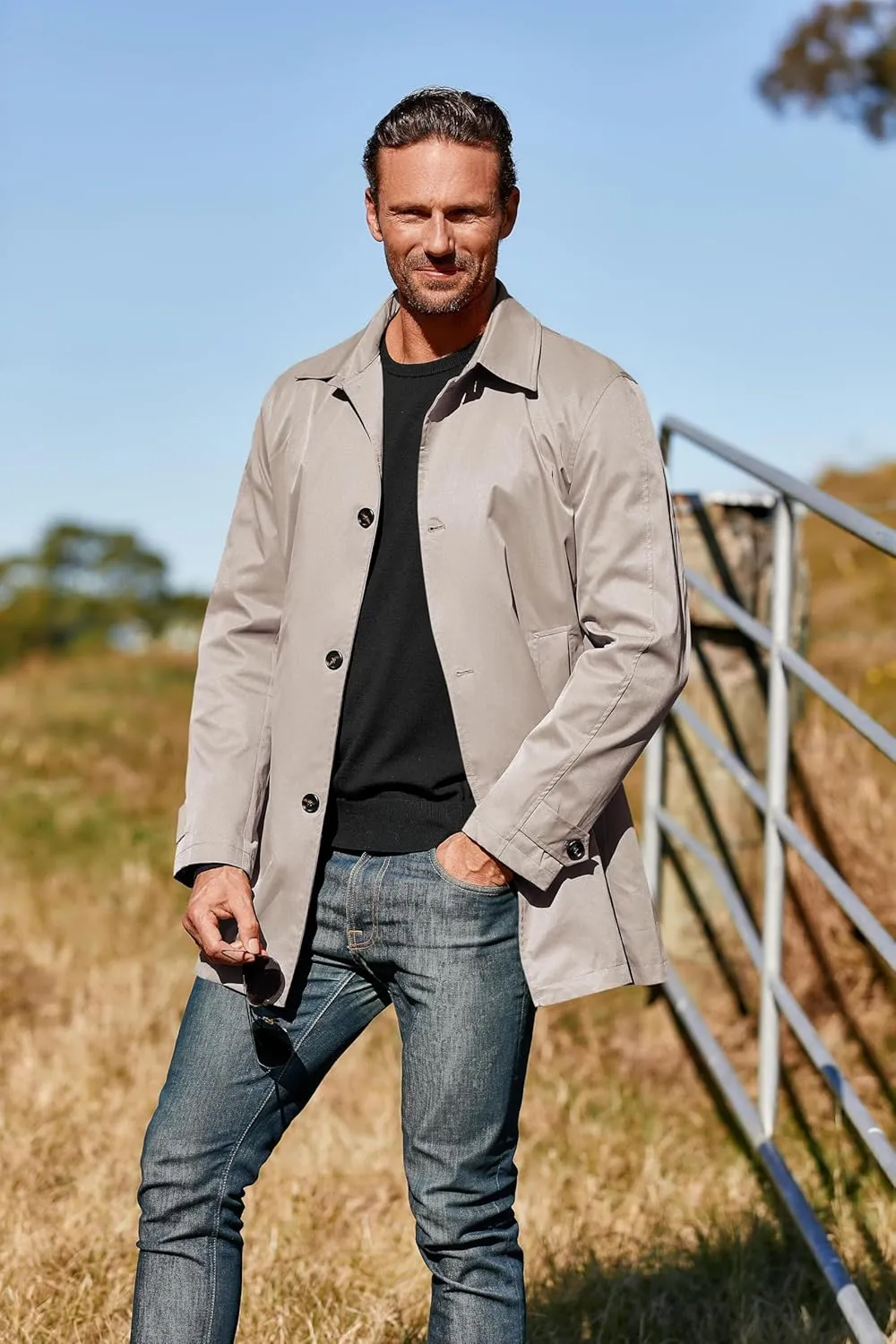Makkrom Mens Trench Coat Single Breasted Casual Spread Collar Windbreak Jacket Long Classic Business Overcoat