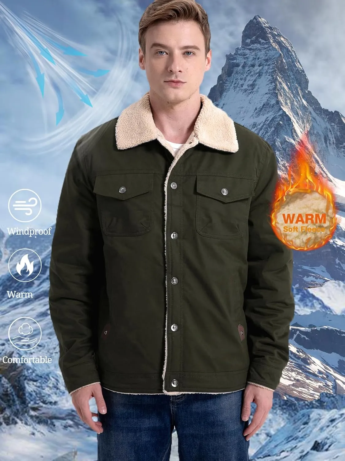 MANSDOUR Men's Winter Cargo Jacket Warm Cotton Fleece lined Sherpa Jackets Military Trucker Work Coat