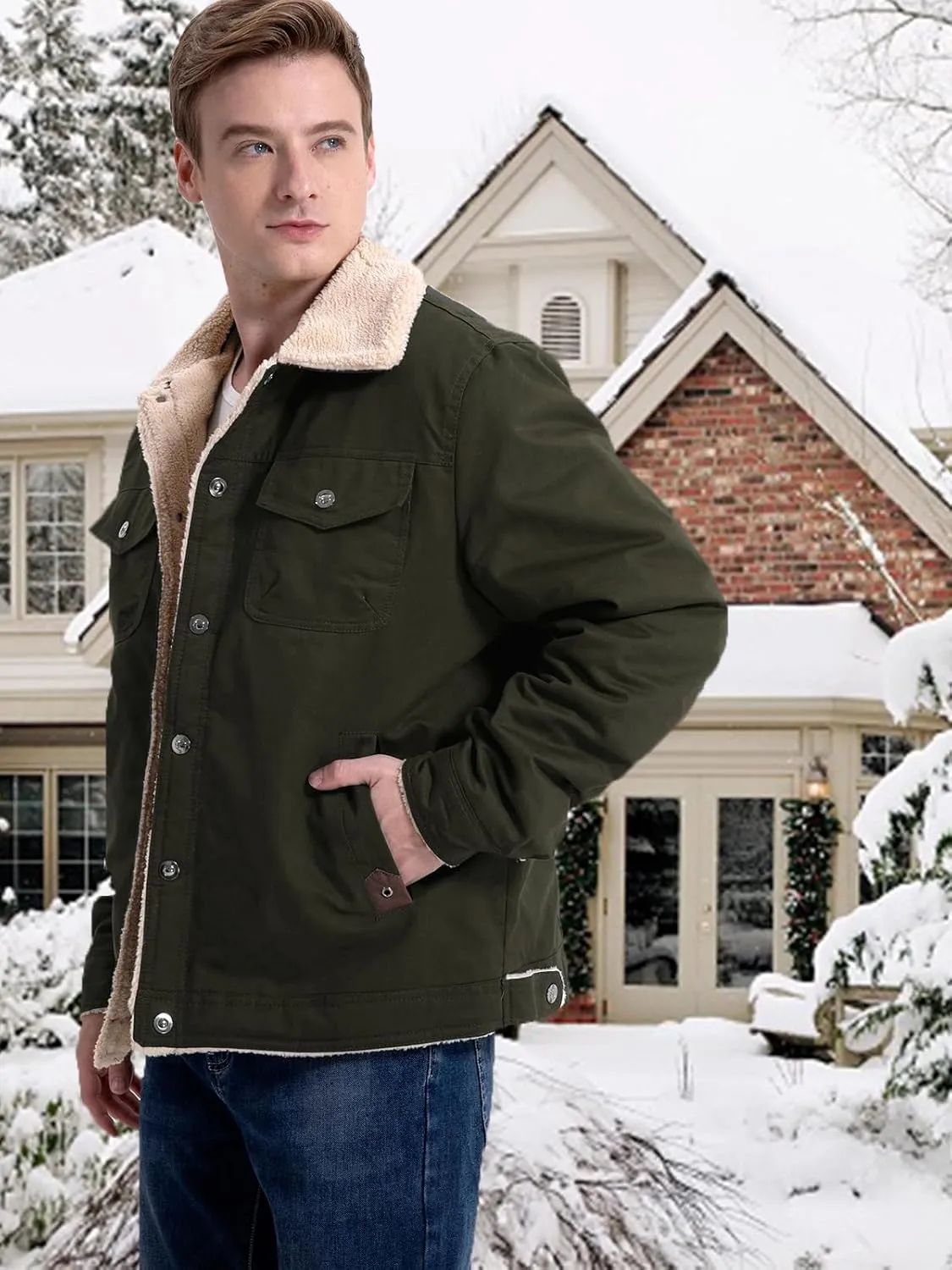 MANSDOUR Men's Winter Cargo Jacket Warm Cotton Fleece lined Sherpa Jackets Military Trucker Work Coat