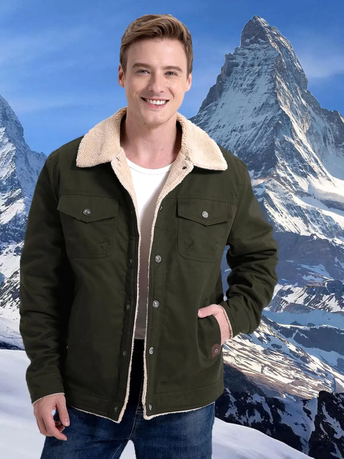 MANSDOUR Men's Winter Cargo Jacket Warm Cotton Fleece lined Sherpa Jackets Military Trucker Work Coat