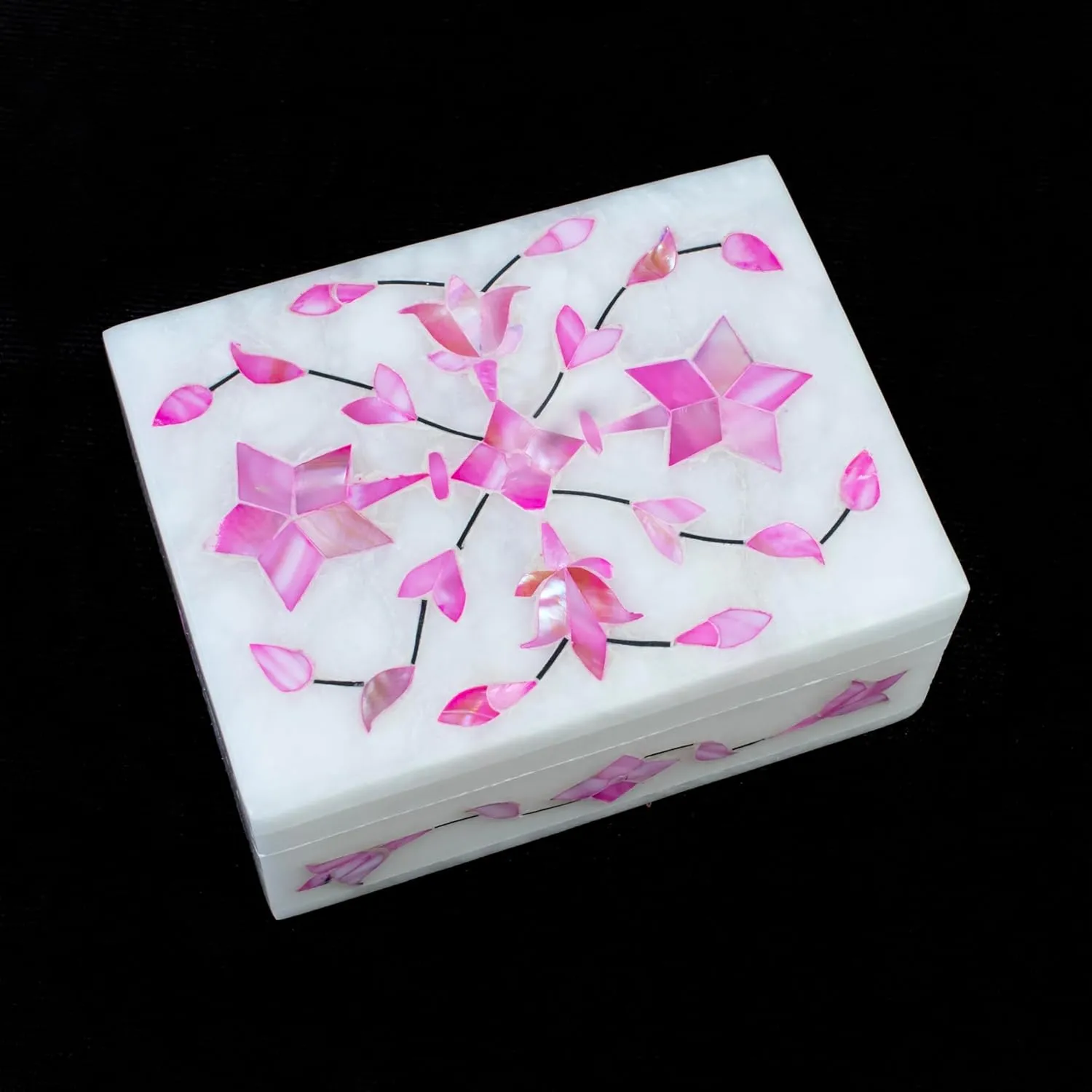 Marble Jewelry Box, Hand Carved Floral Design, Mother of Pearl Inlay Makeup Organizer, Jewelry Holder Organizer, Gifts for Women, Birthday Gift, Alabaster Size 4x3 Inch Pink