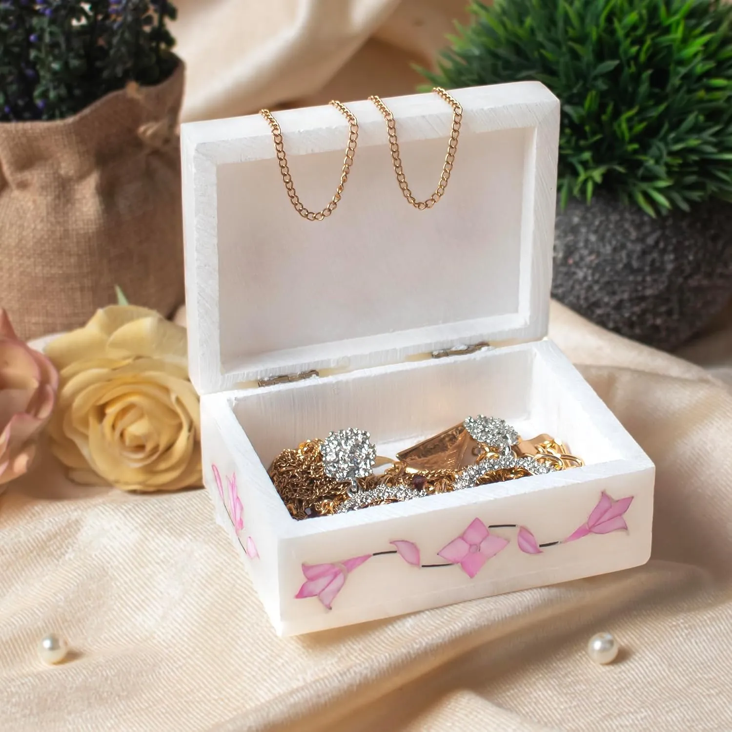 Marble Jewelry Box, Hand Carved Floral Design, Mother of Pearl Inlay Makeup Organizer, Jewelry Holder Organizer, Gifts for Women, Birthday Gift, Alabaster Size 4x3 Inch Pink