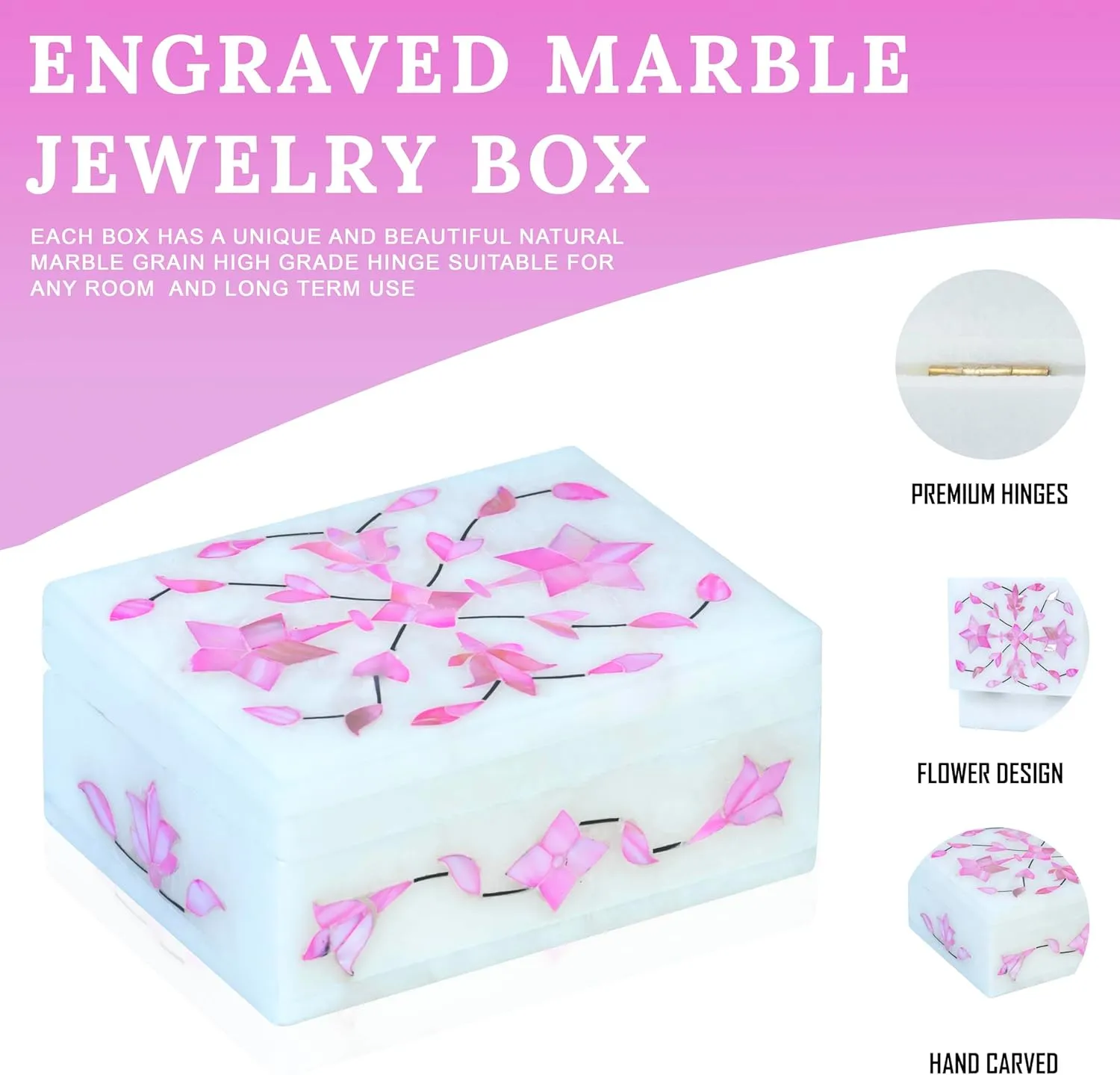 Marble Jewelry Box, Hand Carved Floral Design, Mother of Pearl Inlay Makeup Organizer, Jewelry Holder Organizer, Gifts for Women, Birthday Gift, Alabaster Size 4x3 Inch Pink