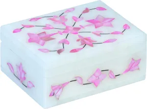 Marble Jewelry Box, Hand Carved Floral Design, Mother of Pearl Inlay Makeup Organizer, Jewelry Holder Organizer, Gifts for Women, Birthday Gift, Alabaster Size 4x3 Inch Pink