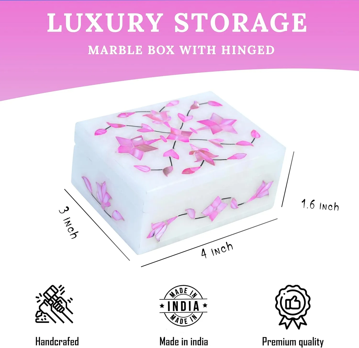 Marble Jewelry Box, Hand Carved Floral Design, Mother of Pearl Inlay Makeup Organizer, Jewelry Holder Organizer, Gifts for Women, Birthday Gift, Alabaster Size 4x3 Inch Pink