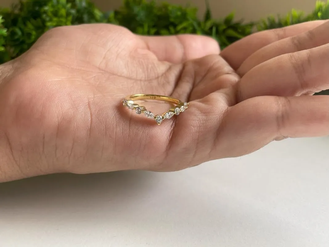 Marquise & Round Cut White Diamond Chevron V Shape Wedding Band For Women, 14K Gold Yellow Plated 925 Silver April Birthstone Diamond V Style Anniversary Matching Band