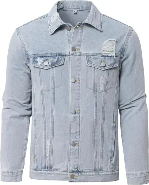 Men Casual Classic Ripped Denim Jacket Slim Jean Jacket Coat