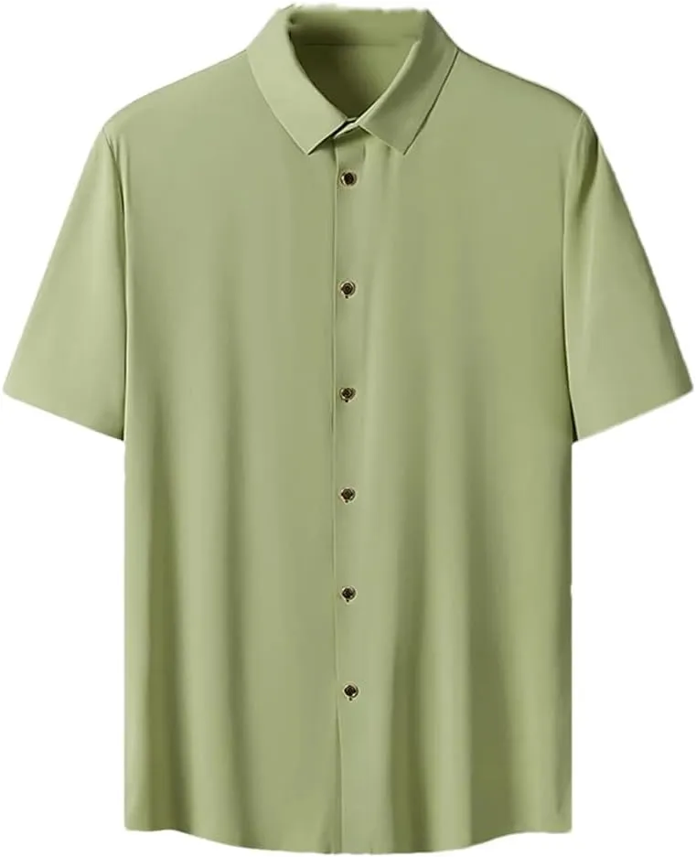 Men Summer Solid Color Short Sleeve Shirt Loose Single-Breasted Casual Shirts Male Quick Dry Blouse