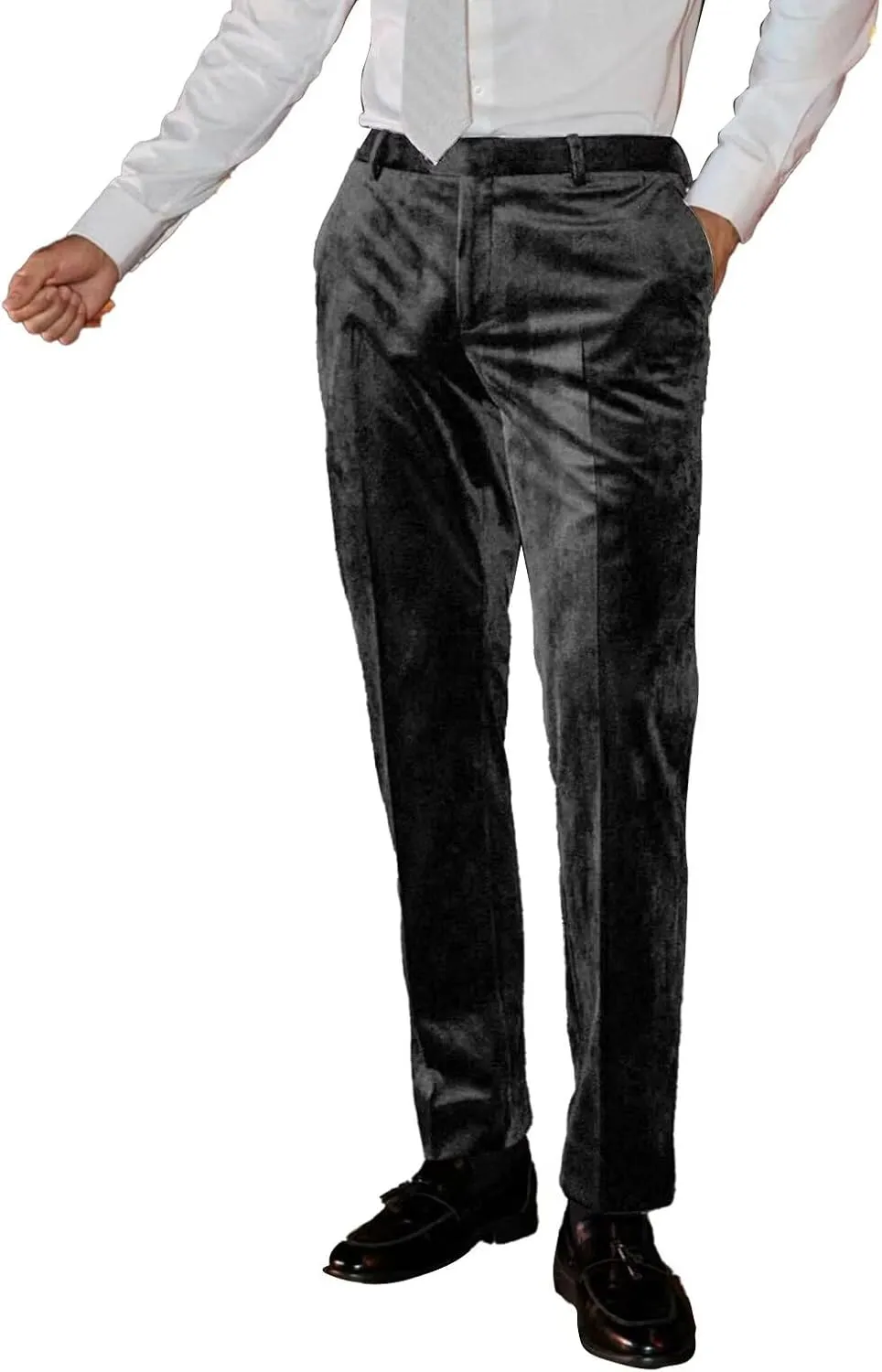 Men's Classic Fit Velvet Dress Pants Expandable Waist Flat Front Suit Pants for Men