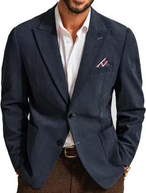 Mens Corduroy Jacket Vintage Classic Blazer for Men Two Button Peak Lapel Sport Coats Navy Blue