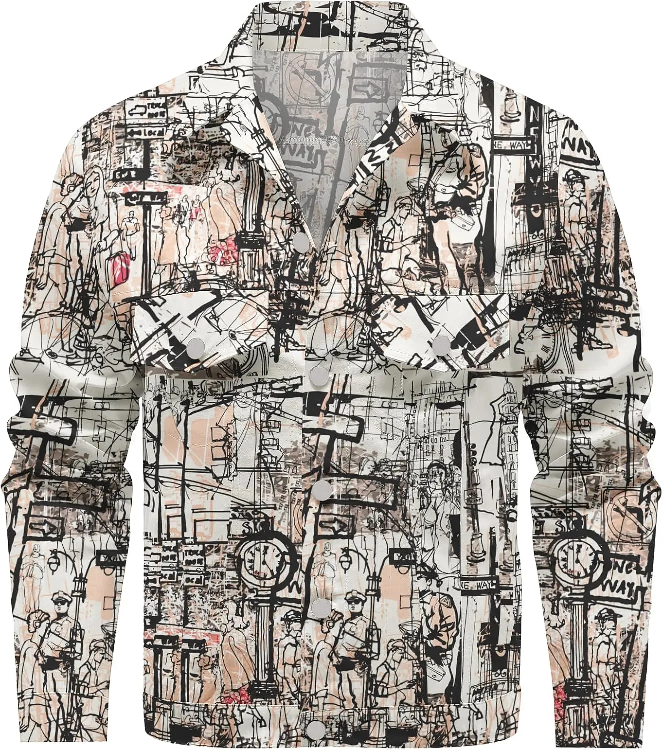 Mens Denim Jacket Long Sleeve Western Cowboy Cut Classic Floral Print Button Down Jean Jacket