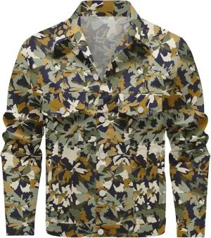 Mens Denim Jacket Long Sleeve Western Cowboy Cut Classic Floral Print Button Down Jean Jacket