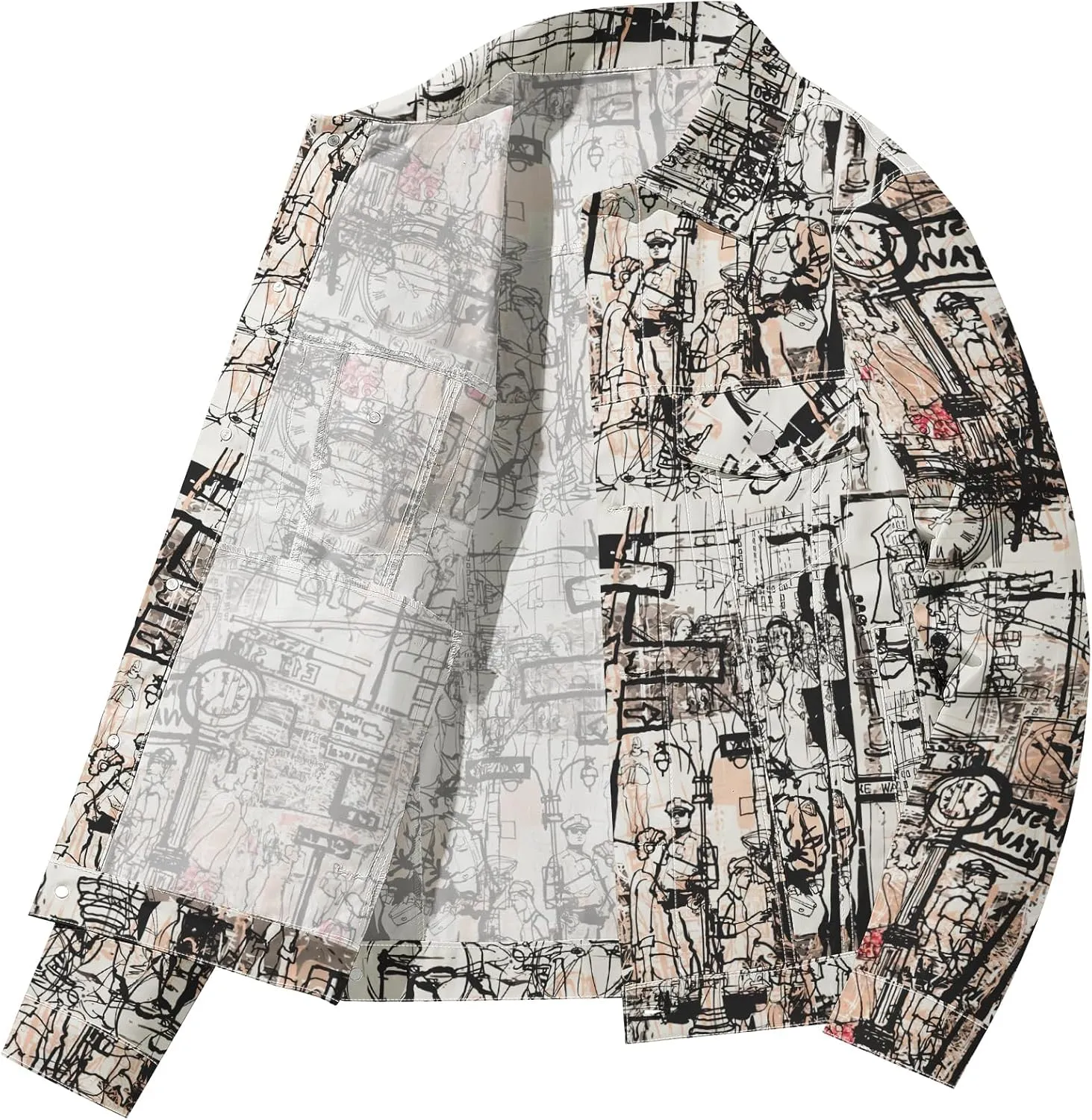 Mens Denim Jacket Long Sleeve Western Cowboy Cut Classic Floral Print Button Down Jean Jacket