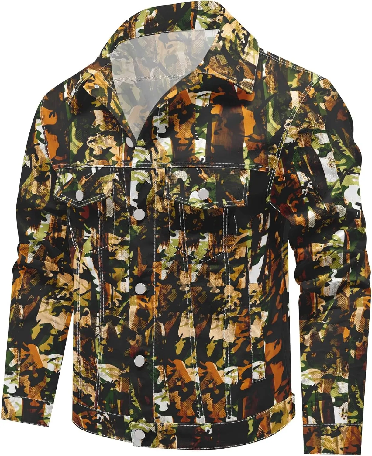 Mens Denim Jacket Long Sleeve Western Cowboy Cut Classic Floral Print Button Down Jean Jacket