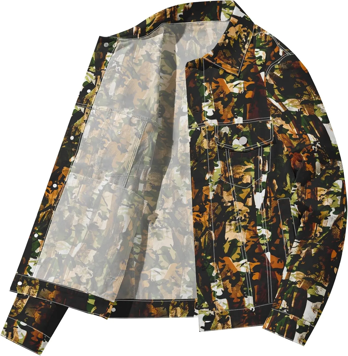 Mens Denim Jacket Long Sleeve Western Cowboy Cut Classic Floral Print Button Down Jean Jacket