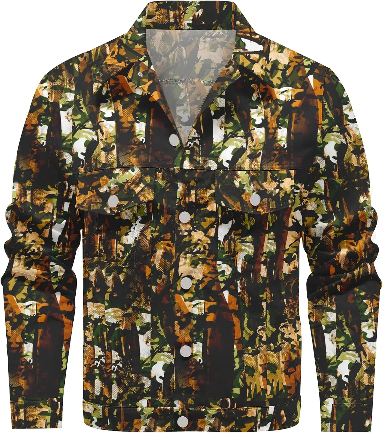Mens Denim Jacket Long Sleeve Western Cowboy Cut Classic Floral Print Button Down Jean Jacket