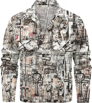 Mens Denim Jacket Long Sleeve Western Cowboy Cut Classic Floral Print Button Down Jean Jacket