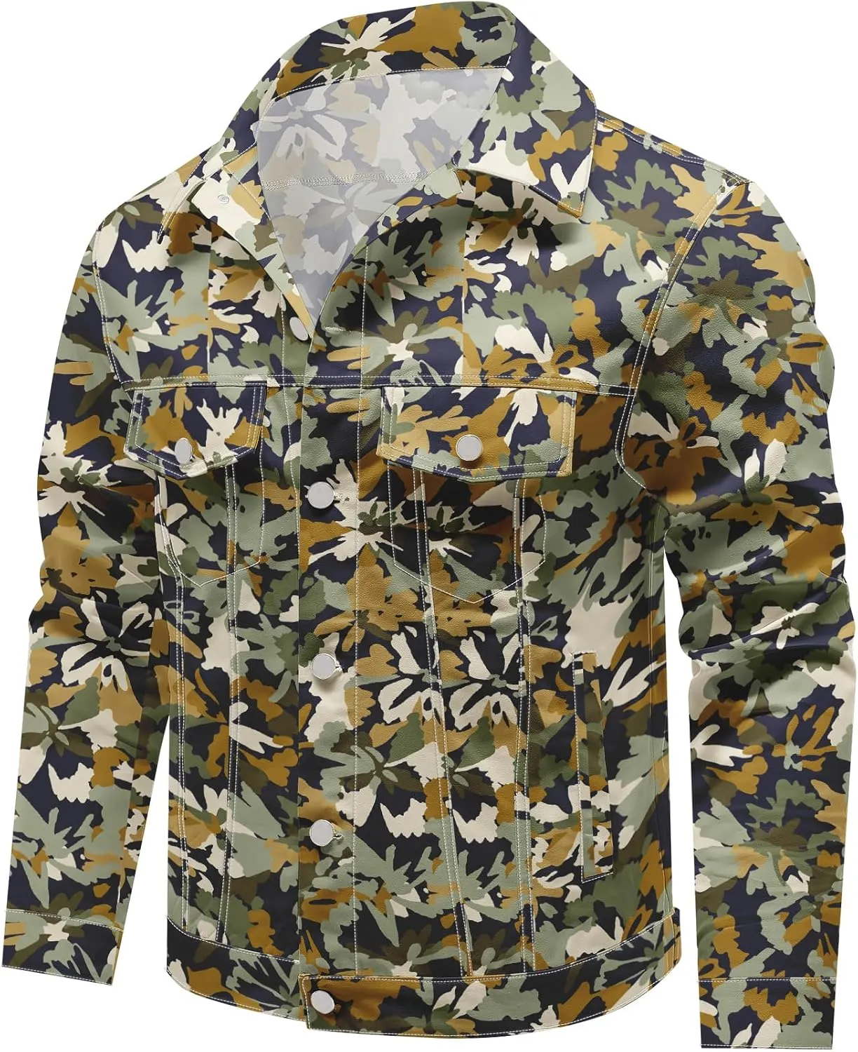 Mens Denim Jacket Long Sleeve Western Cowboy Cut Classic Floral Print Button Down Jean Jacket