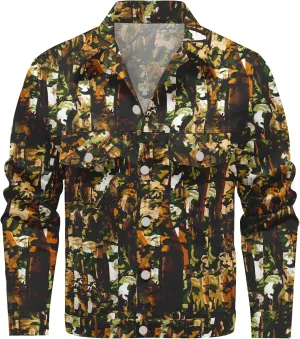 Mens Denim Jacket Long Sleeve Western Cowboy Cut Classic Floral Print Button Down Jean Jacket