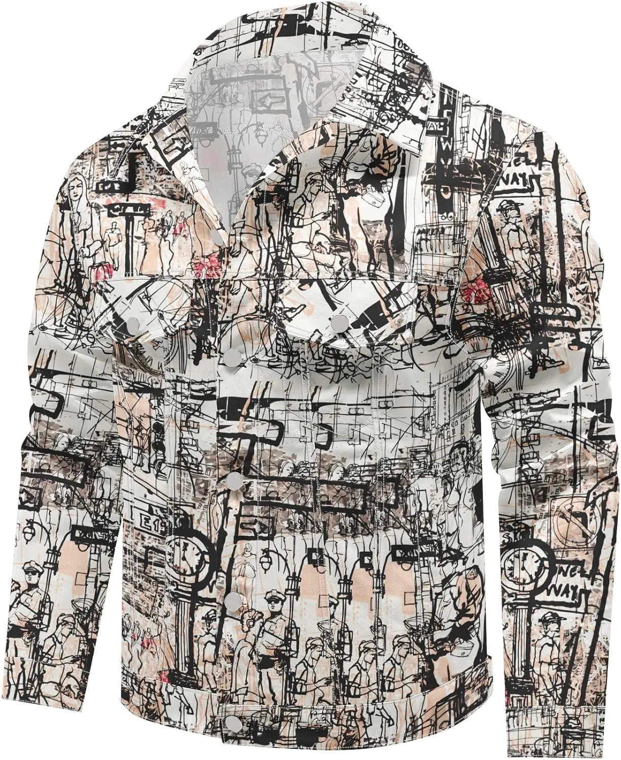 Mens Denim Jacket Long Sleeve Western Cowboy Cut Classic Floral Print Button Down Jean Jacket