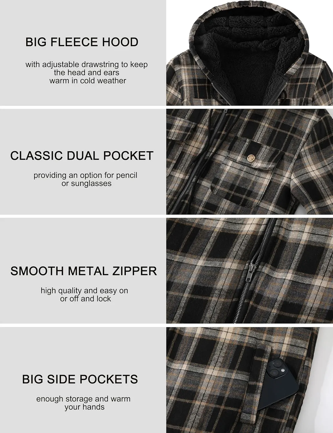 Men's Flannel Plaid Hooded Jackets Full Zip Sherpa Fleece Lined Hoodies Fashion Warm Coat