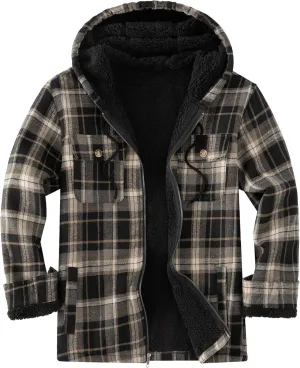 Men's Flannel Plaid Hooded Jackets Full Zip Sherpa Fleece Lined Hoodies Fashion Warm Coat