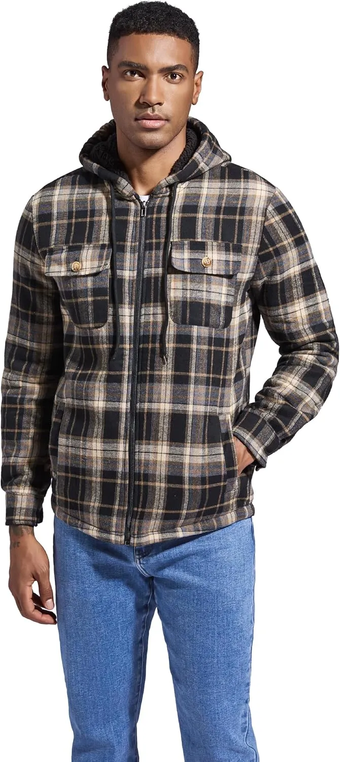 Men's Flannel Plaid Hooded Jackets Full Zip Sherpa Fleece Lined Hoodies Fashion Warm Coat
