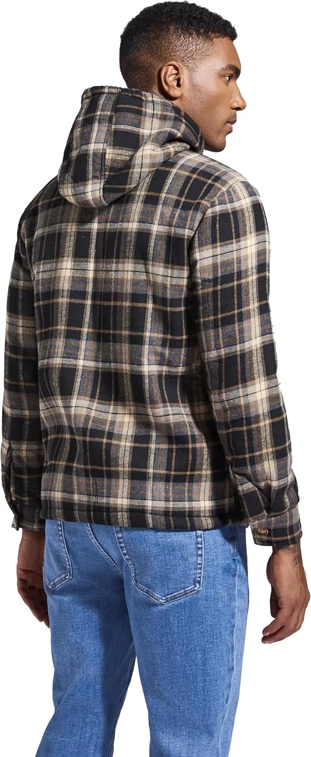 Men's Flannel Plaid Hooded Jackets Full Zip Sherpa Fleece Lined Hoodies Fashion Warm Coat