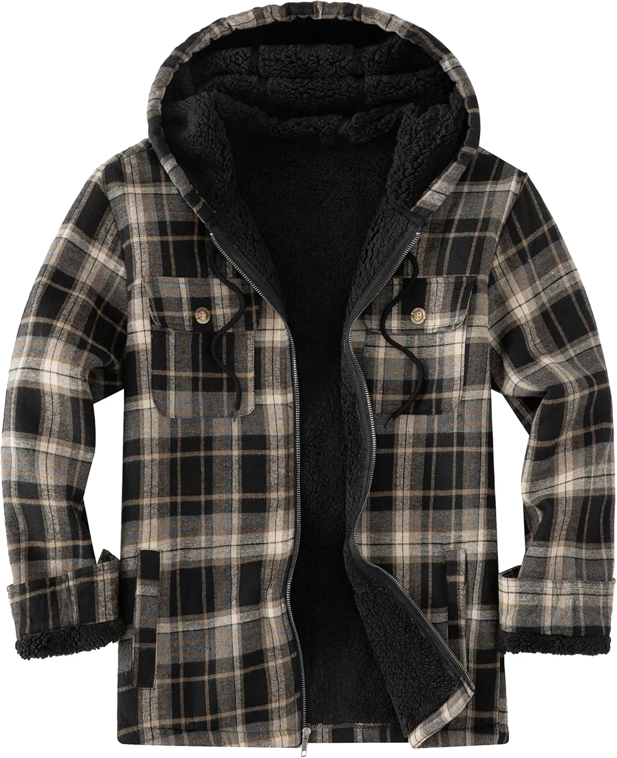 Men's Flannel Plaid Hooded Jackets Full Zip Sherpa Fleece Lined Hoodies Fashion Warm Coat