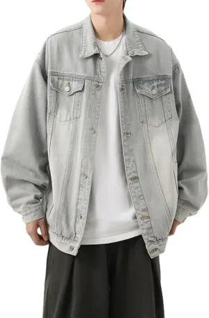 Men's Lapel Vintage Spring Fall Jeans Jacket Washed Classic Casual Loose Trucker Denim Jacket