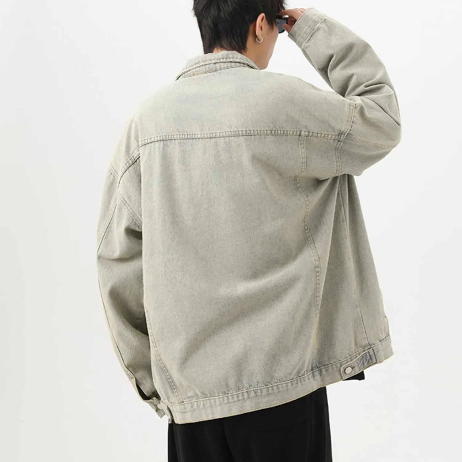 Men's Lapel Vintage Spring Fall Jeans Jacket Washed Classic Casual Loose Trucker Denim Jacket