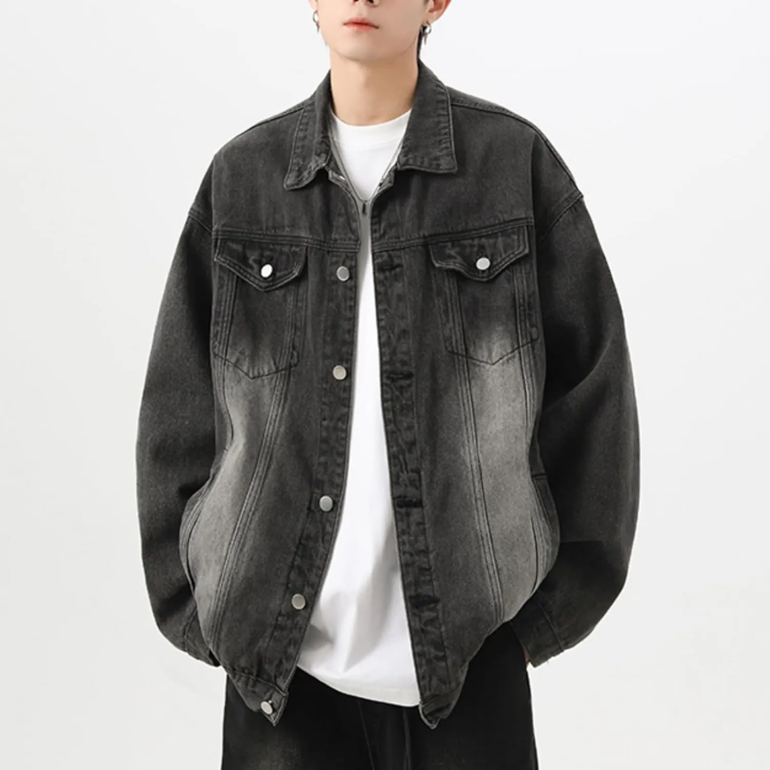 Men's Lapel Vintage Spring Fall Jeans Jacket Washed Classic Casual Loose Trucker Denim Jacket