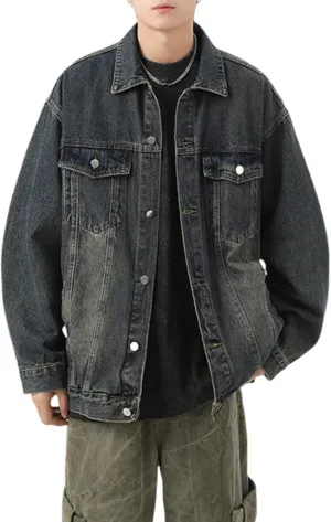 Men's Lapel Vintage Spring Fall Jeans Jacket Washed Classic Casual Loose Trucker Denim Jacket