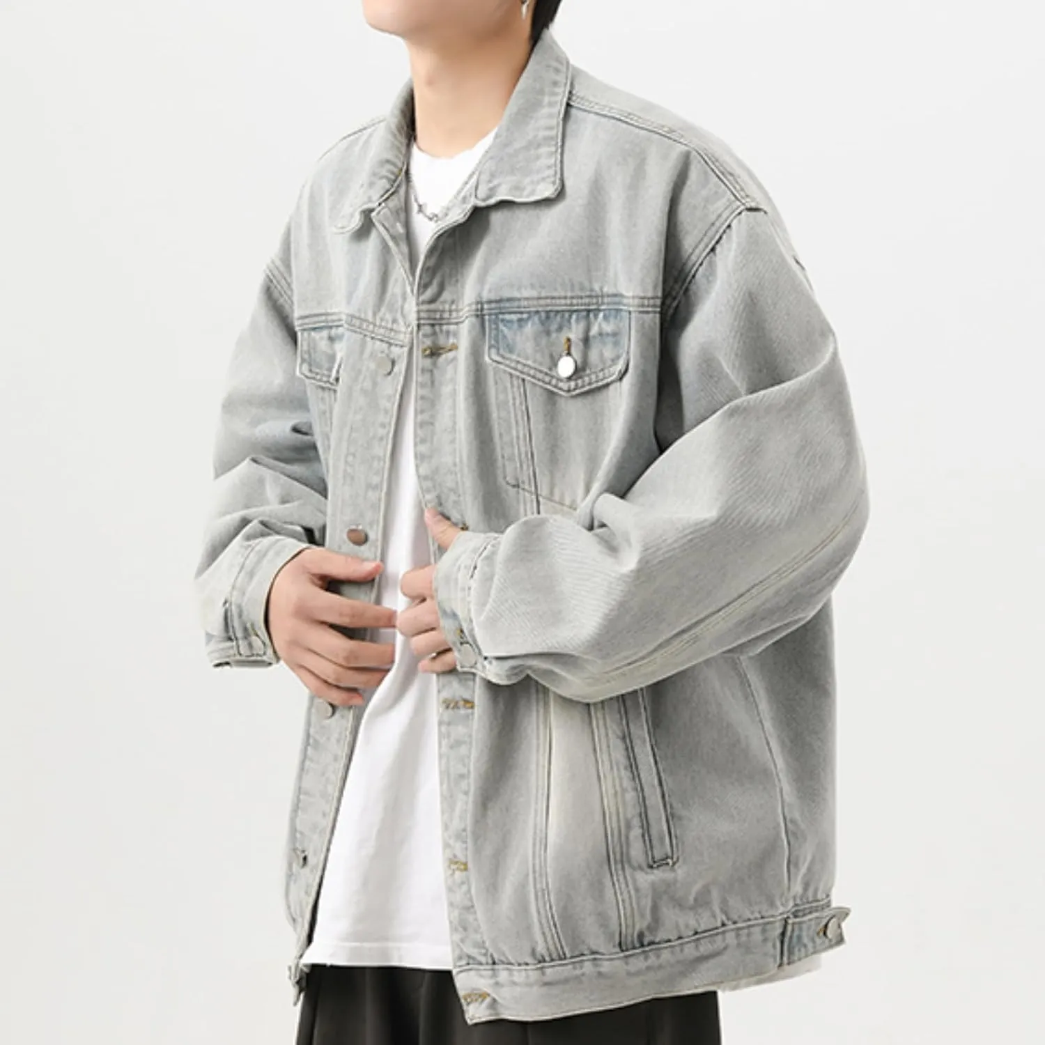Men's Lapel Vintage Spring Fall Jeans Jacket Washed Classic Casual Loose Trucker Denim Jacket