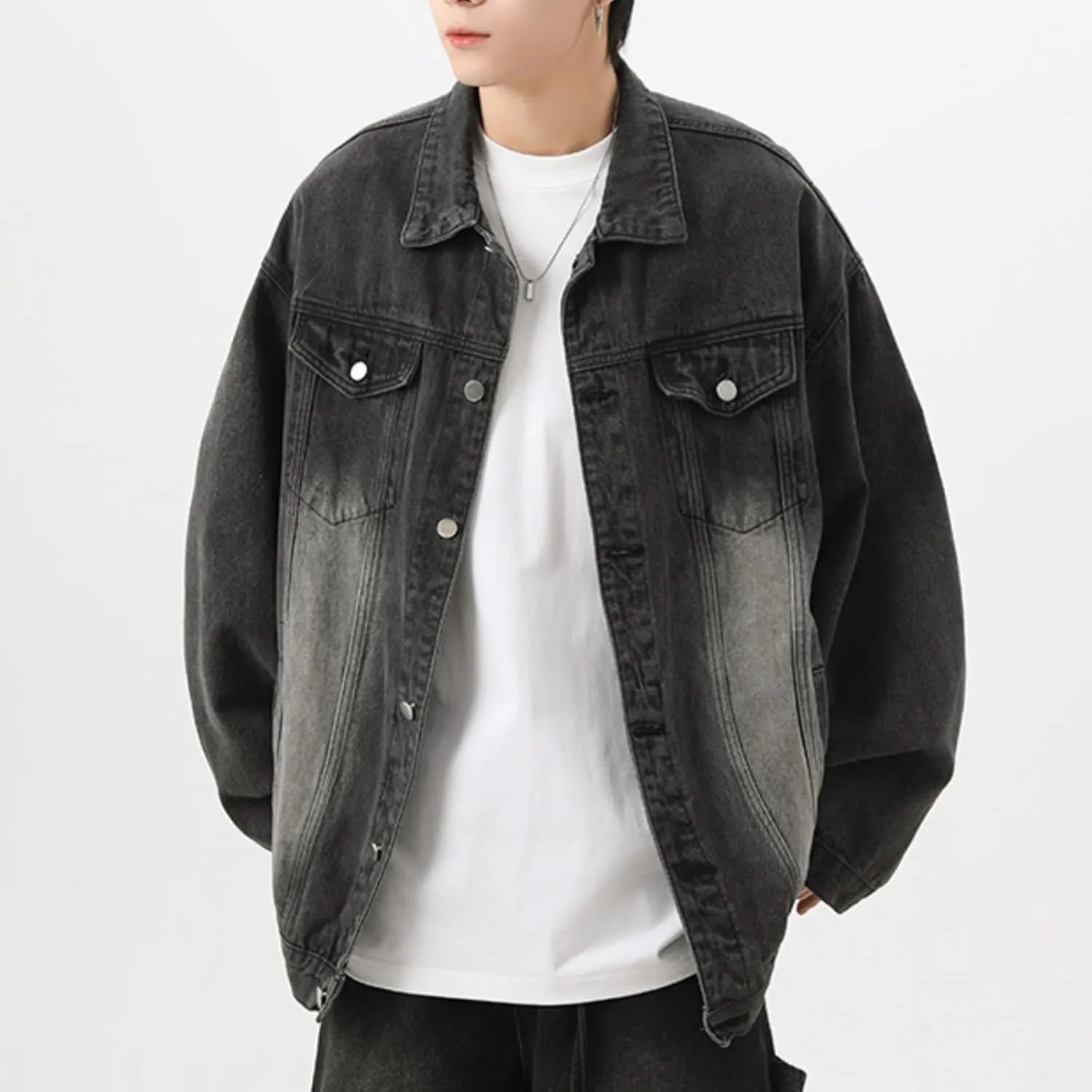Men's Lapel Vintage Spring Fall Jeans Jacket Washed Classic Casual Loose Trucker Denim Jacket