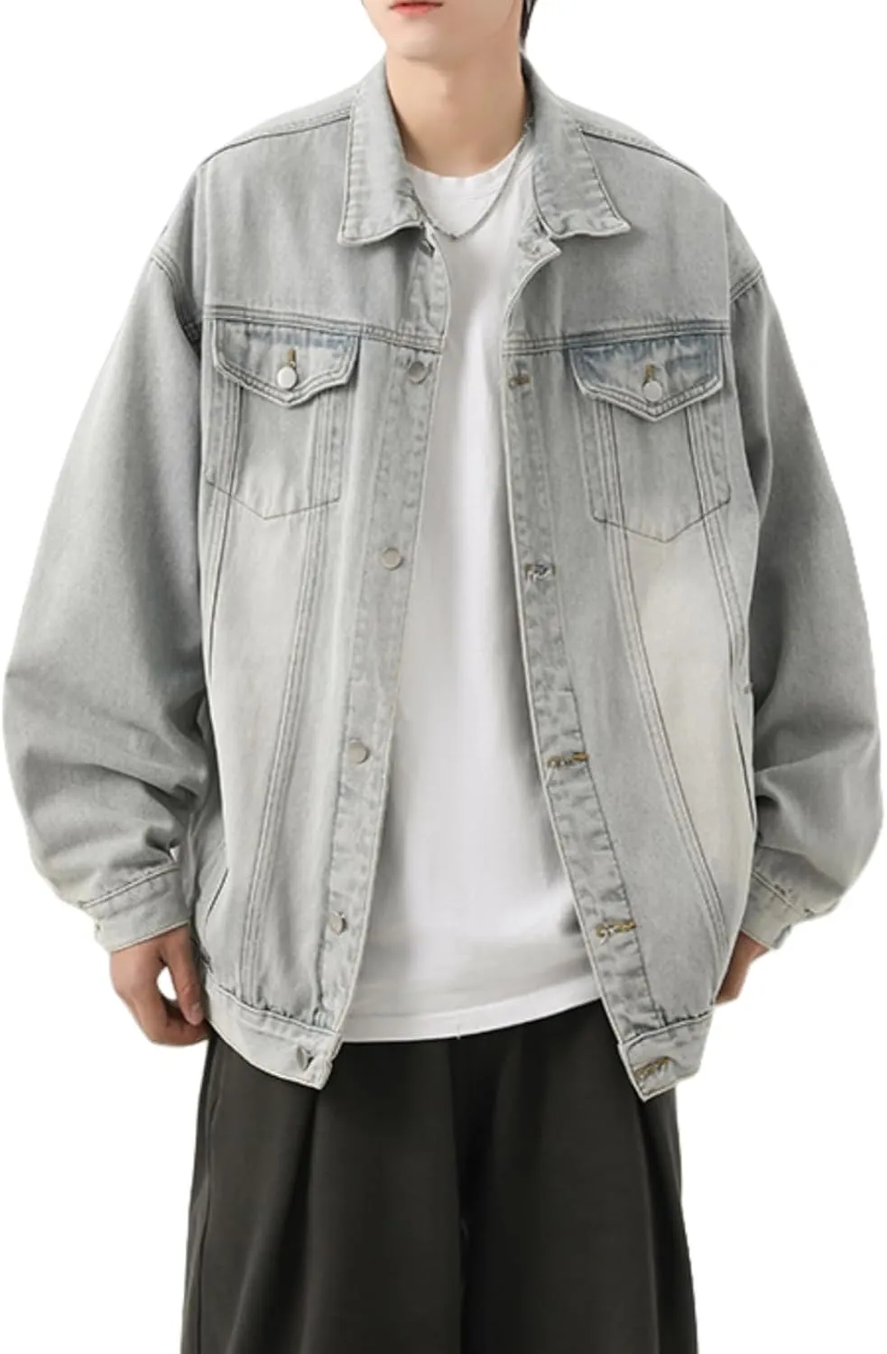 Men's Lapel Vintage Spring Fall Jeans Jacket Washed Classic Casual Loose Trucker Denim Jacket