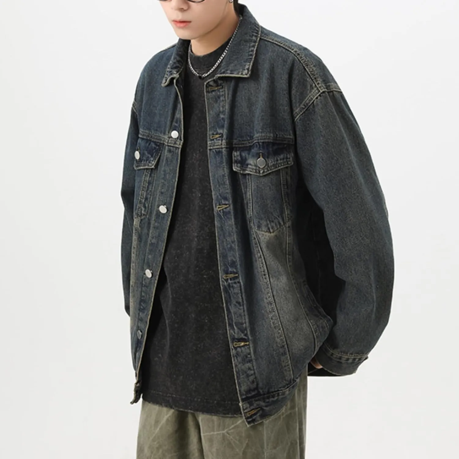 Men's Lapel Vintage Spring Fall Jeans Jacket Washed Classic Casual Loose Trucker Denim Jacket