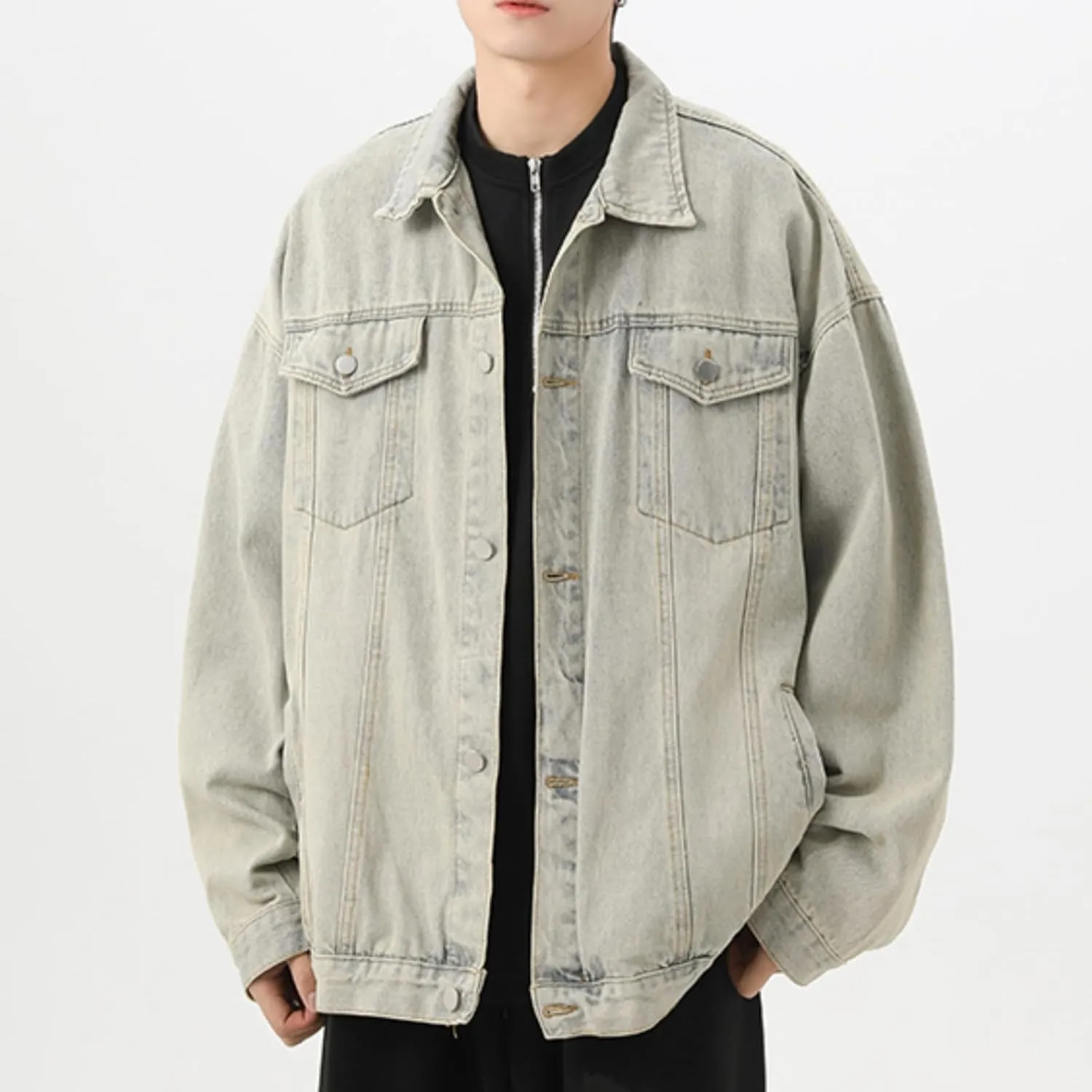 Men's Lapel Vintage Spring Fall Jeans Jacket Washed Classic Casual Loose Trucker Denim Jacket
