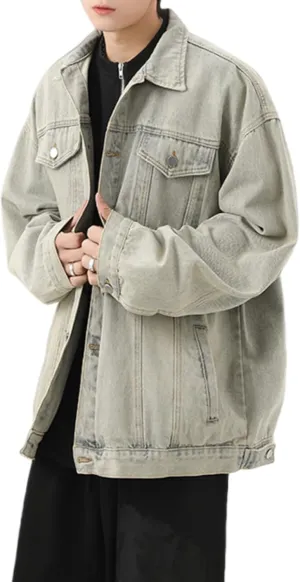 Men's Lapel Vintage Spring Fall Jeans Jacket Washed Classic Casual Loose Trucker Denim Jacket