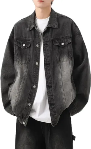 Men's Lapel Vintage Spring Fall Jeans Jacket Washed Classic Casual Loose Trucker Denim Jacket