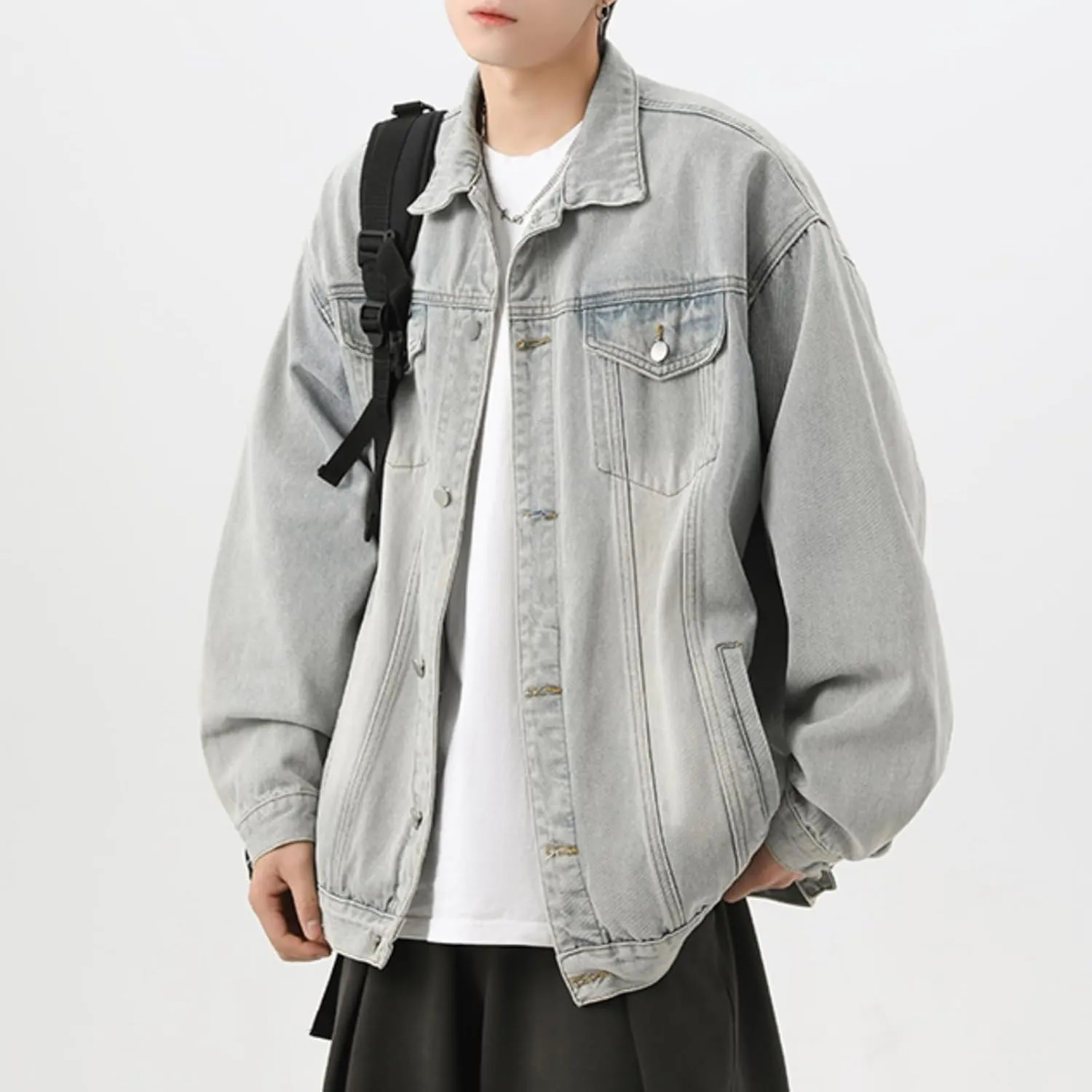 Men's Lapel Vintage Spring Fall Jeans Jacket Washed Classic Casual Loose Trucker Denim Jacket