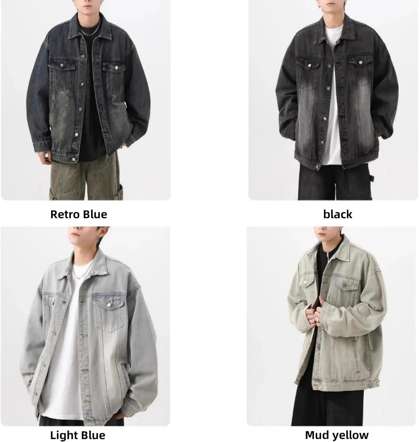 Men's Lapel Vintage Spring Fall Jeans Jacket Washed Classic Casual Loose Trucker Denim Jacket
