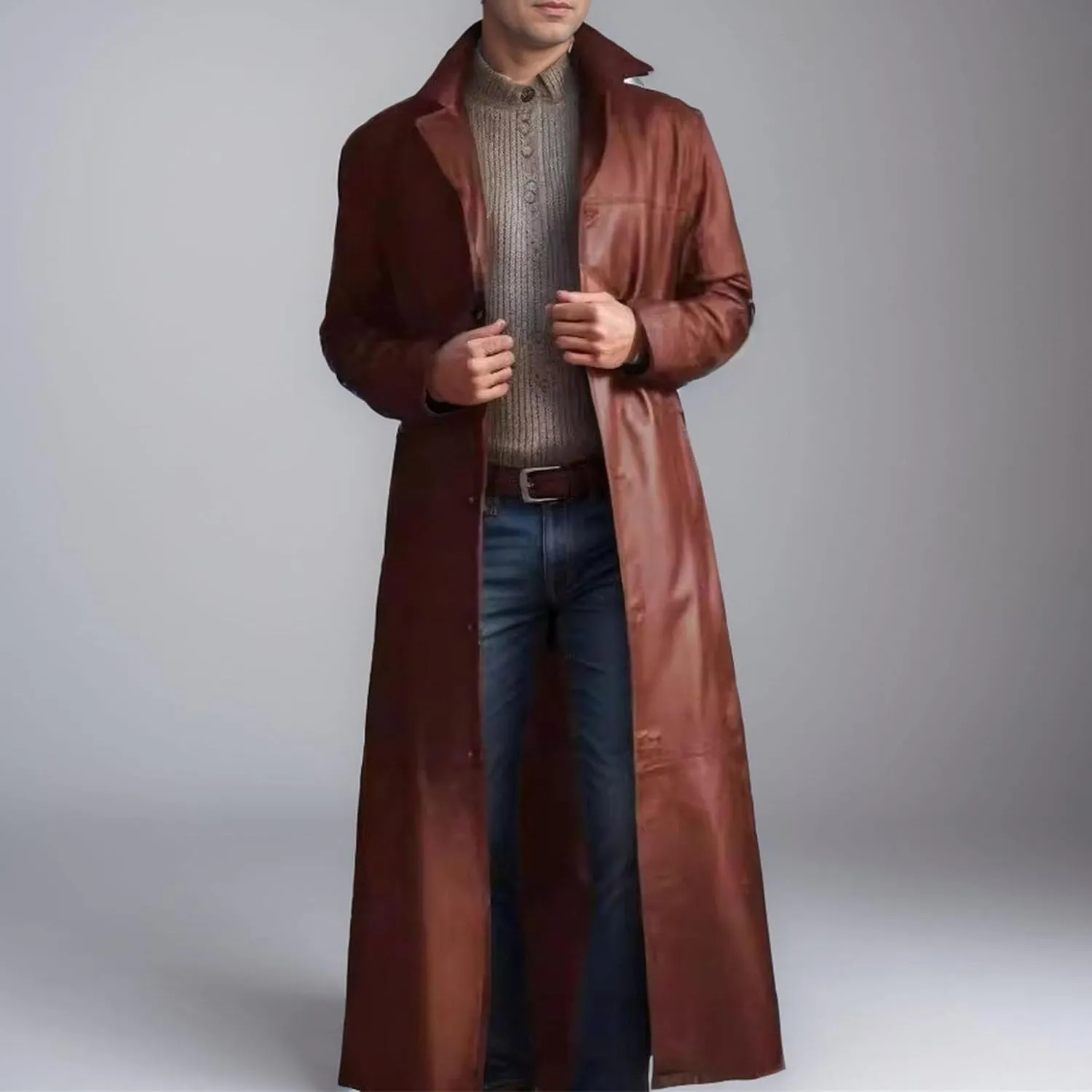 Men's Leather Long Trench Coat Faux Leather Vintage Full Length Overcoat Fashion Open Front Cardigan Jackets
