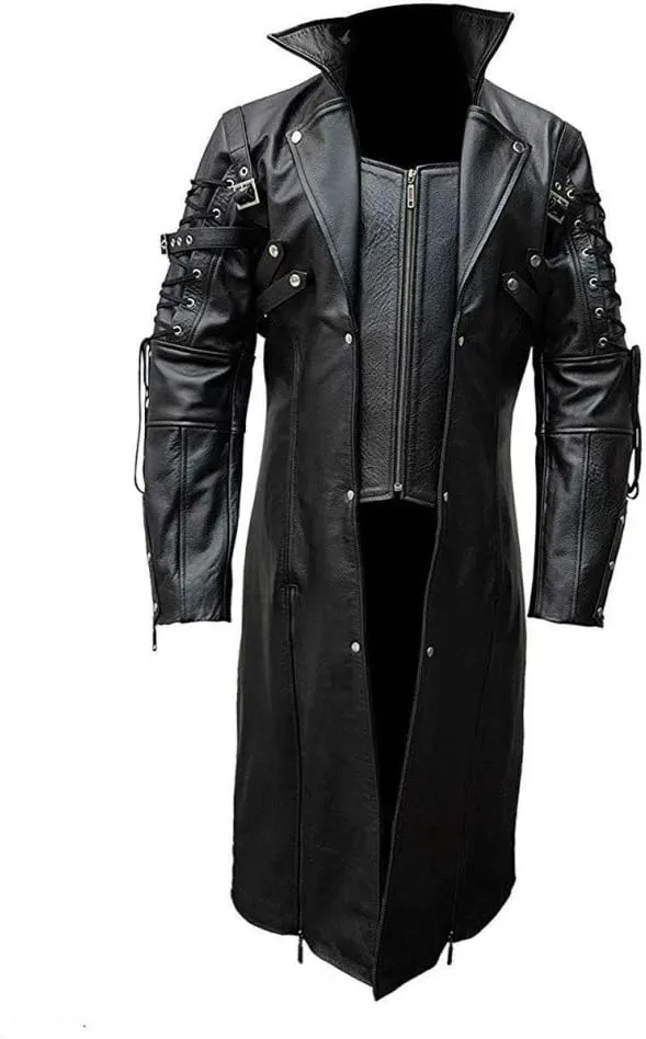 Mens Real Black Leather Coat Goth Matrix Trench Coat Gothic Steampunk Coats (XXL, Real Leather)