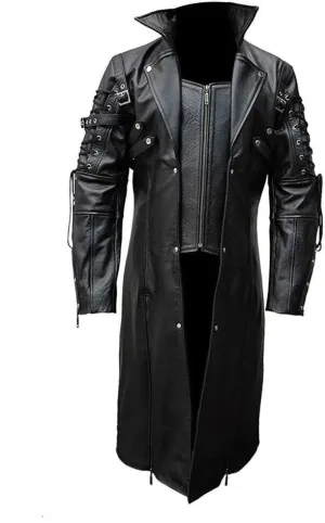 Mens Real Black Leather Coat Goth Matrix Trench Coat Gothic Steampunk Coats (XXL, Real Leather)