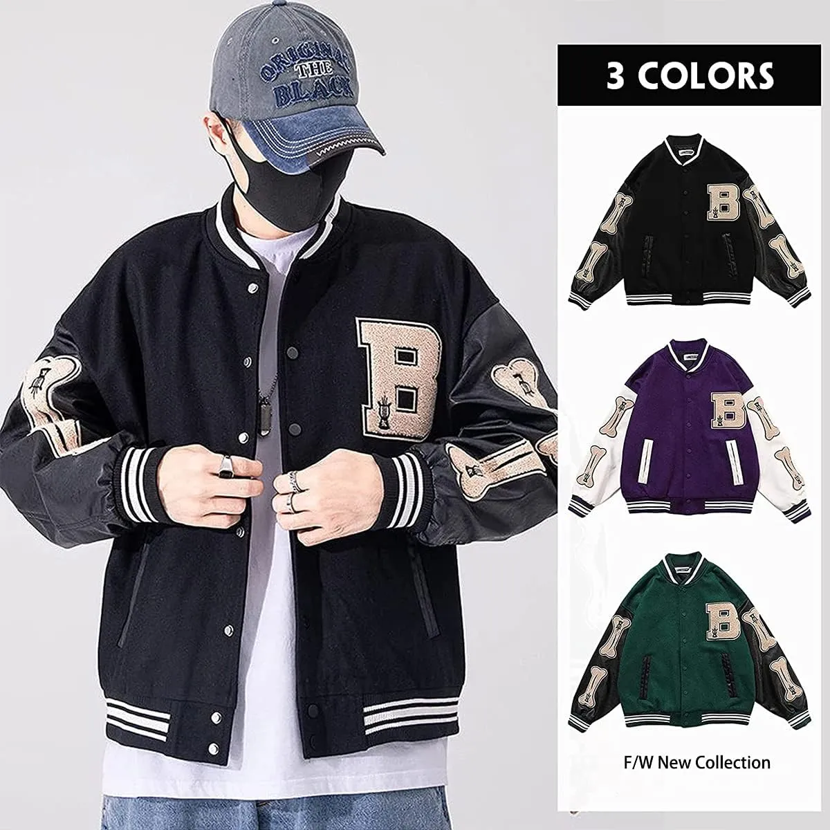 Mens Varsity College Jacket Baseball Bomber Jacket Vintage Sweatshirt Casual Unisex Streetwear Coats with Patch